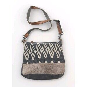 Myra Bag Leather Canvas Southwestern Aztec Shoulder Bag Satchel Cowhair Gray